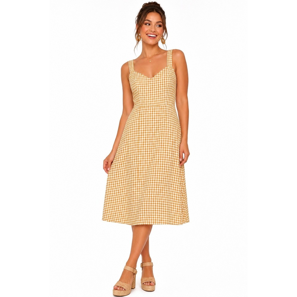 Market & Spruce Genevieve Linen Blend Midi Dress Tan Gingham Womens M NWT
